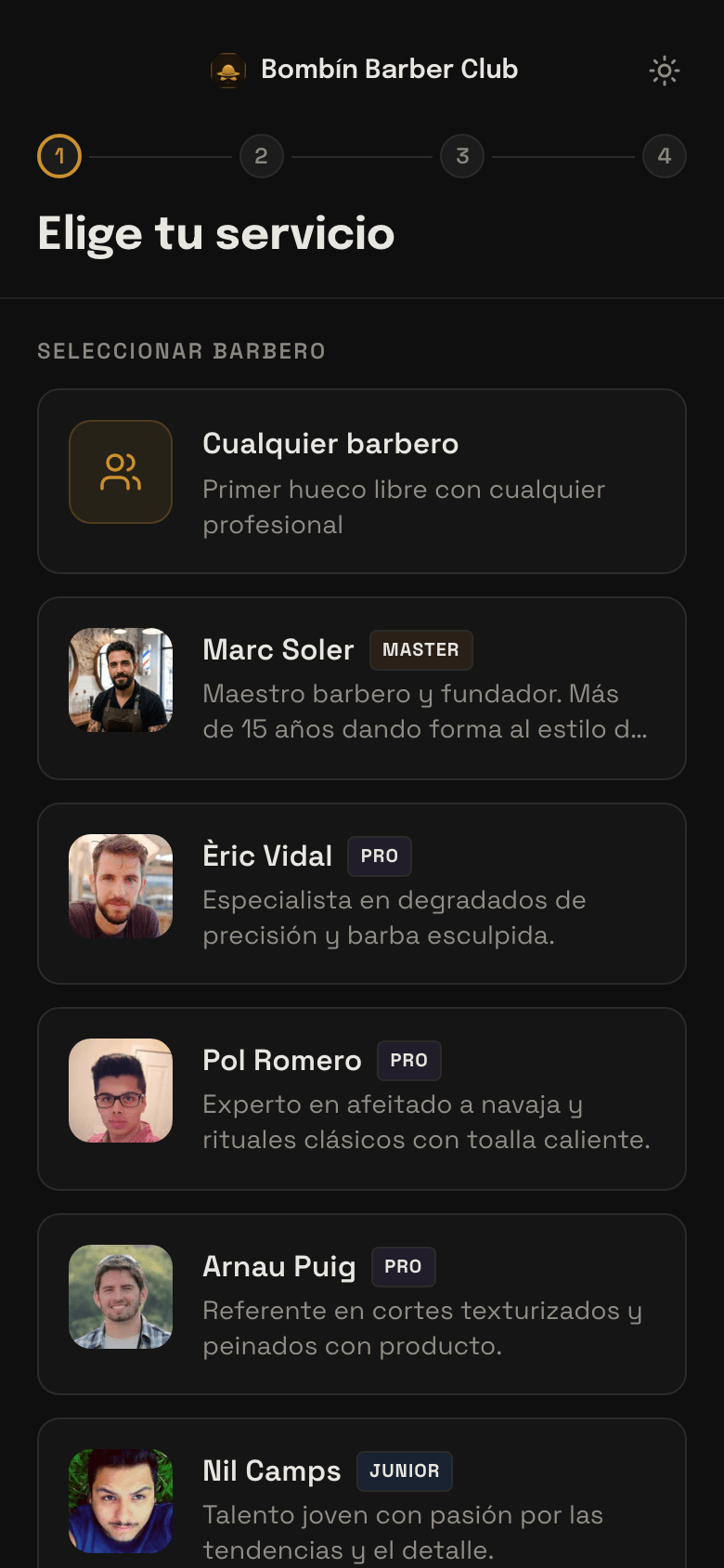 Pantalla de reserva de una barbería de ejemplo en trimly