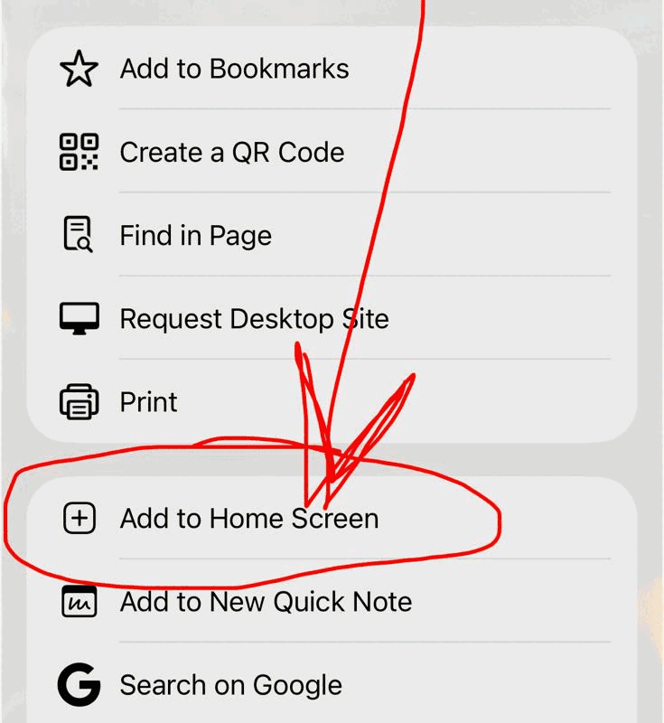 El menú desplegado, con «Add to Home Screen» marcado