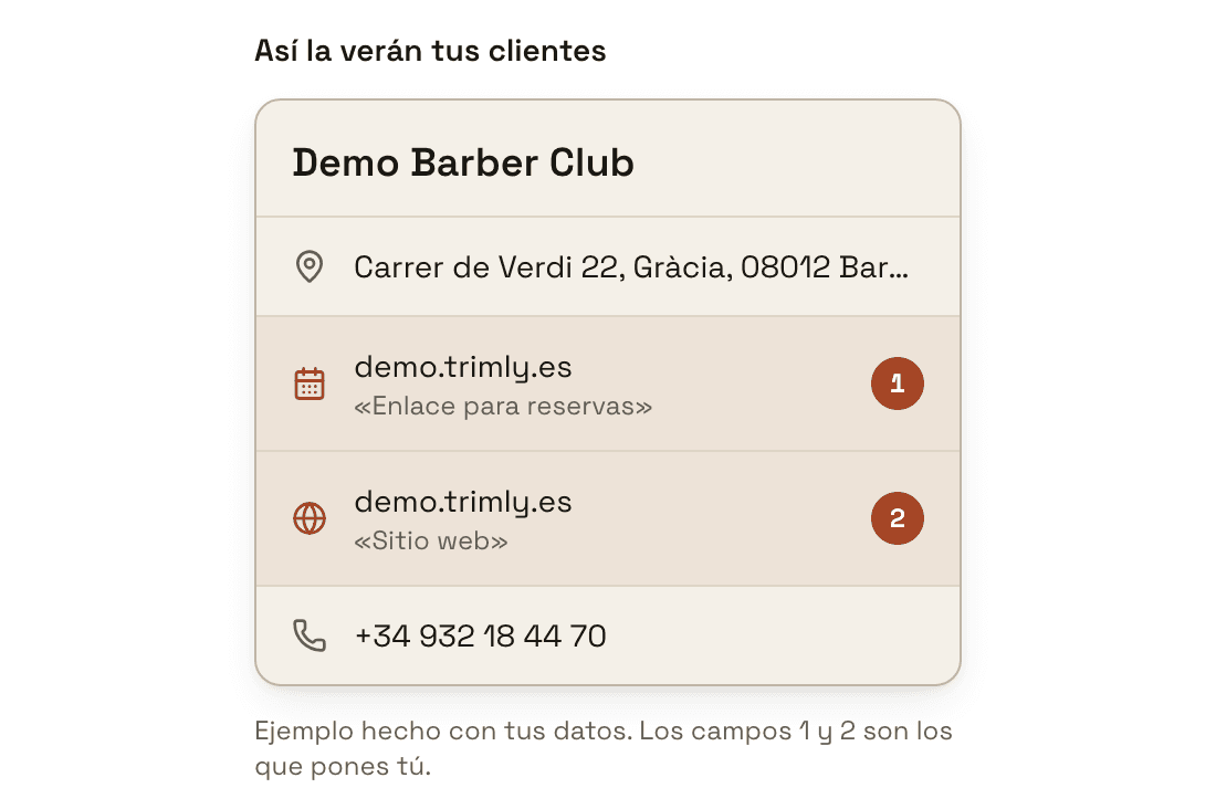 «هكذا سيراه زبائنك»: ملف تجريبي لـ Demo Barber Club فيه العنوان، والحقلان 1 «رابط الحجز» و2 «الموقع الإلكتروني» مُبرزان وفي كليهما demo.trimly.es، والهاتف في الأسفل