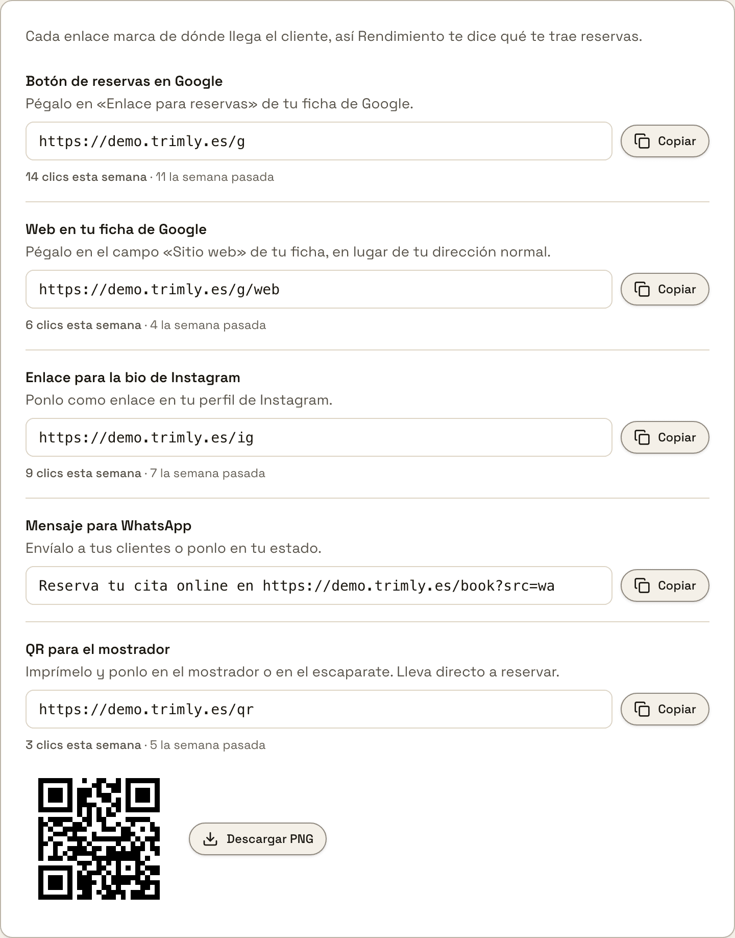La pàgina «Enllaços i QR»: cinc enllaços amb el seu botó «Copiar» i els clics de la setmana, i el QR amb «Descarregar PNG»