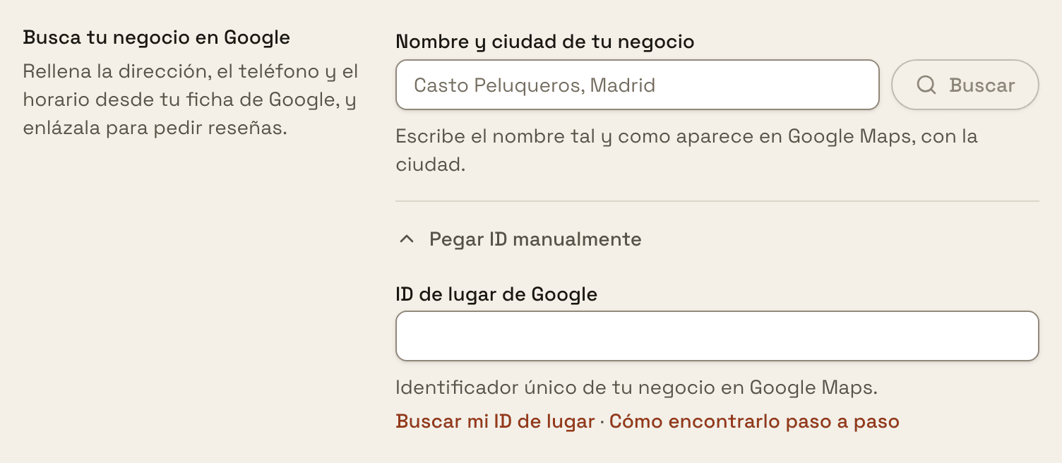 «ابحث عن نشاطك على Google» في إعدادات trimly، وتحته «ألصق المعرّف يدويًا» مفتوحًا مع حقل «معرّف المكان على Google» ورابط «ابحث عن معرّف مكاني»