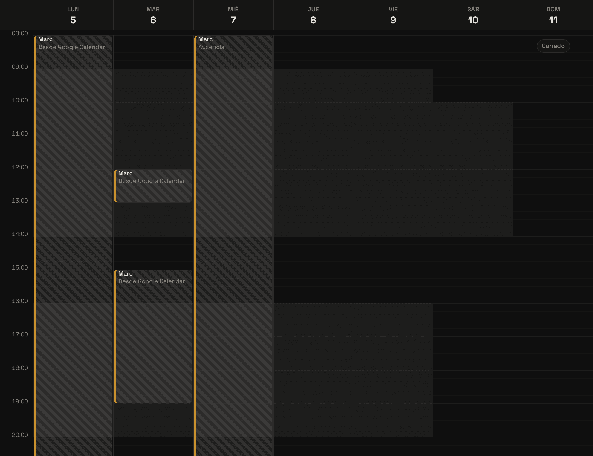 Vista semanal de trimly con franjas grises rayadas etiquetadas «Marc · Desde Google Calendar» el lunes y el martes, y «Marc · Ausencia» el miércoles