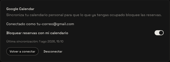 Tarjeta de Google Calendar ya conectada, mostrando el correo, el interruptor de sincronización y la hora de la última sincronización