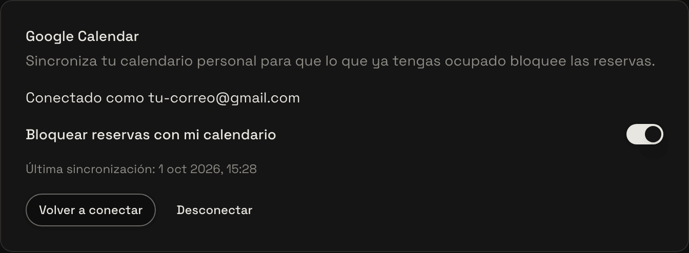 Tarjeta de Google Calendar ya conectada, mostrando el correo, el interruptor de sincronización y la hora de la última sincronización