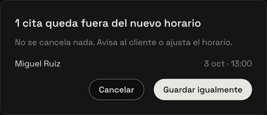 Aviso de que unha cita queda fóra do novo horario, co nome do cliente e a hora