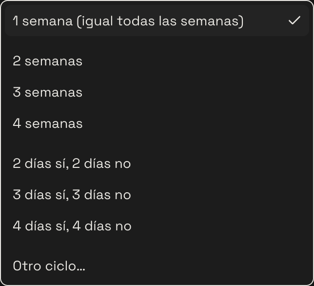 El desplegable «Se repite cada» abierto, con 1 semana, 2, 3 y 4 semanas, y las opciones de días sí y días no