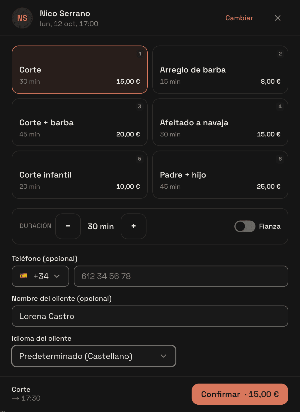 La hoja «Nueva entrada»: el cliente, el servicio y la hora en fichas, con el botón de confirmar.
