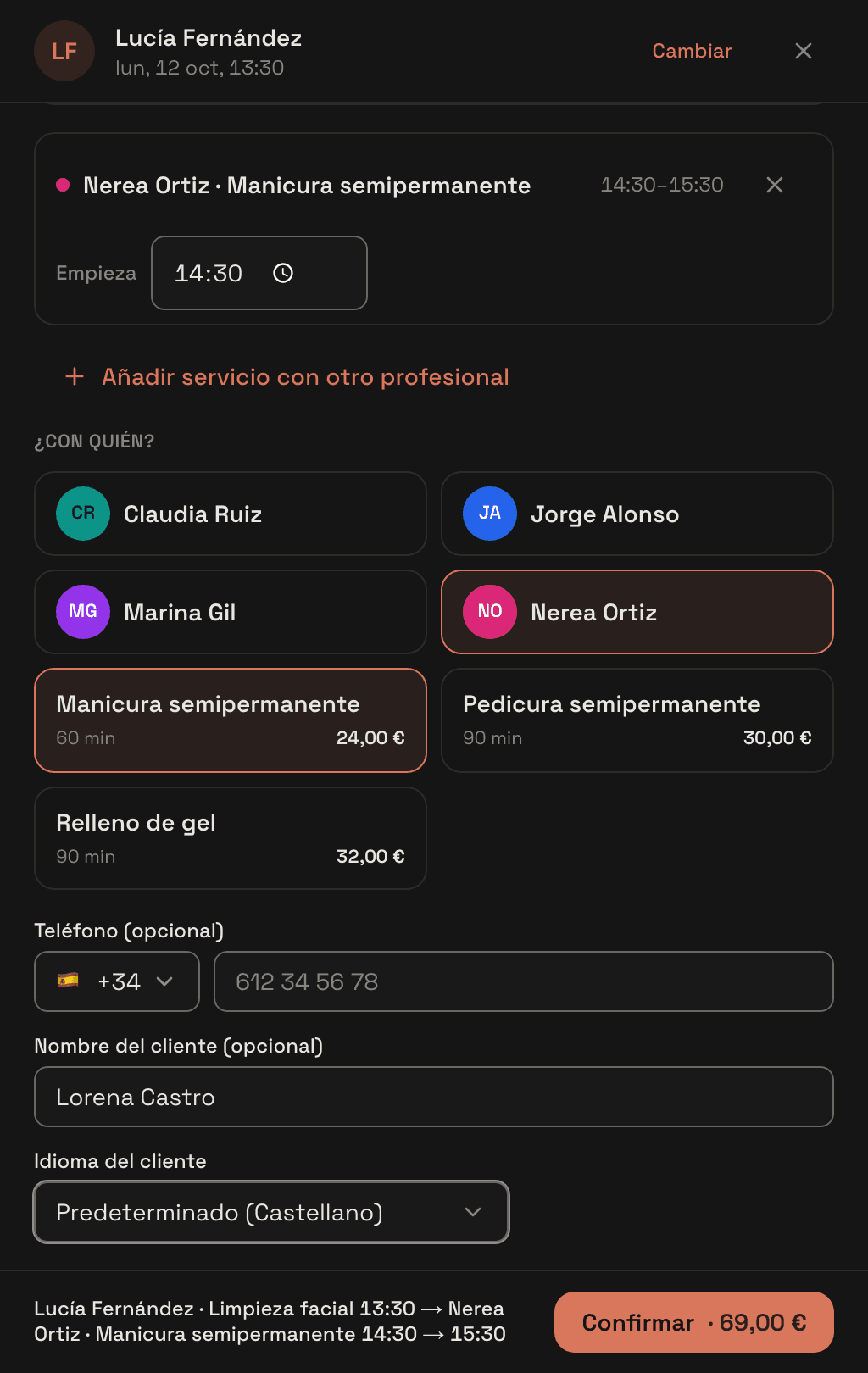 La hoja de «Nueva entrada» con dos paradas: cejas con Irene a las 11:10 y, añadida con el botón de abajo, lavar y peinar con Bea a las 11:45.
