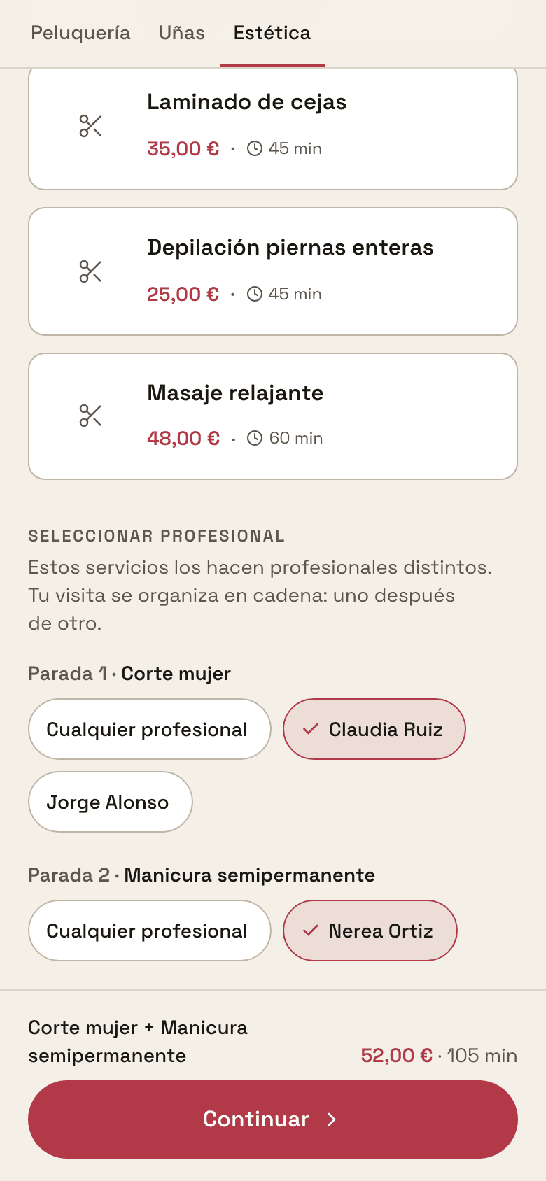 La elección de servicios en la web del centro: tres servicios de tres grupos marcados a la vez, y debajo el aviso de que los harán profesionales distintos.
