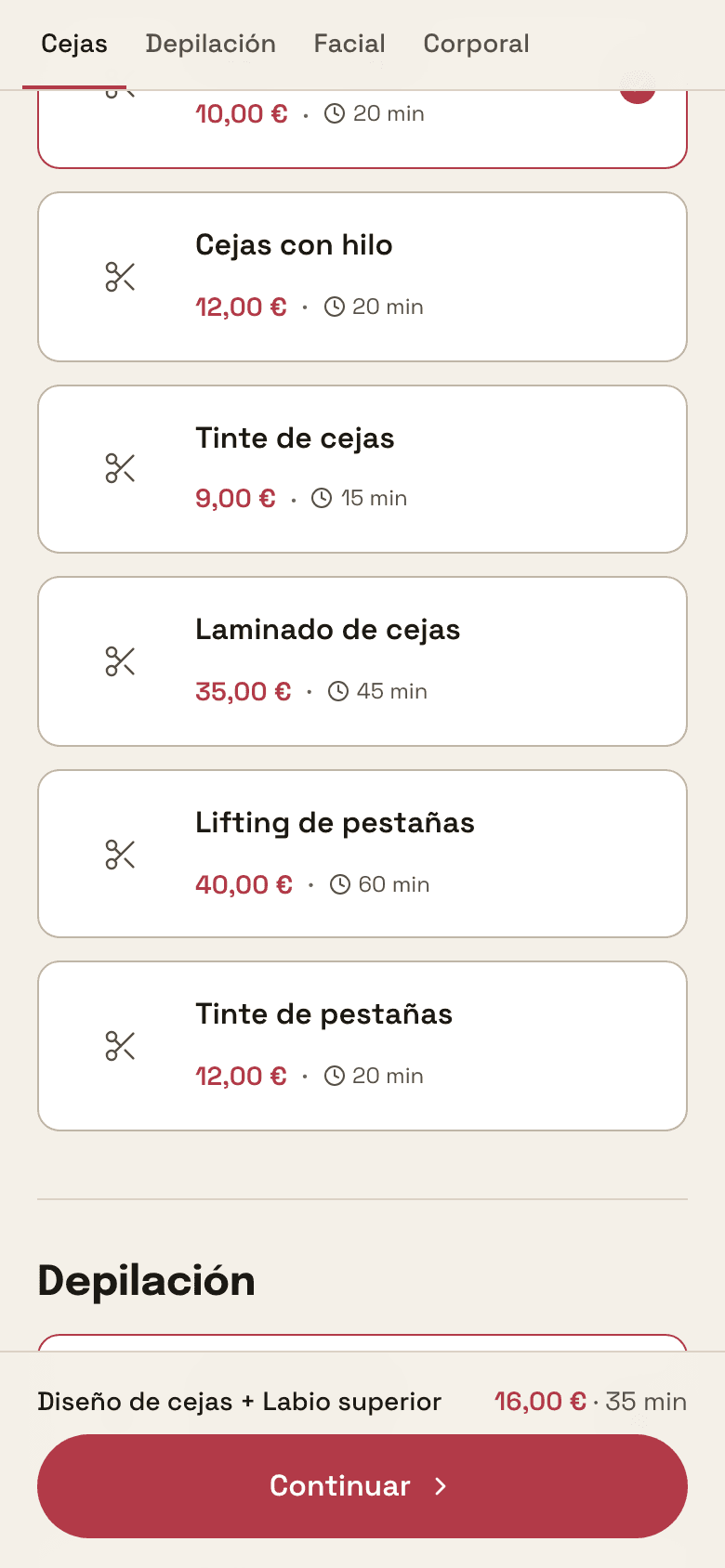 La carta por grupos (Cejas, Depilación, Facial, Corporal) con dos servicios marcados y los minutos sumados abajo.