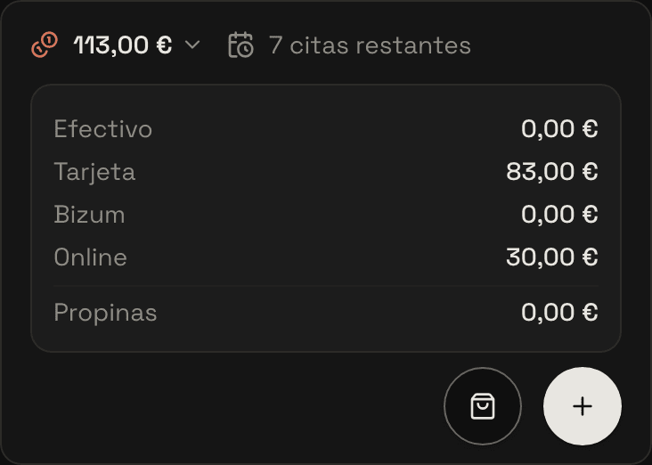 «Caja de hoy» con el total del día desglosado por forma de pago y la señal cobrada por adelantado contada aparte.