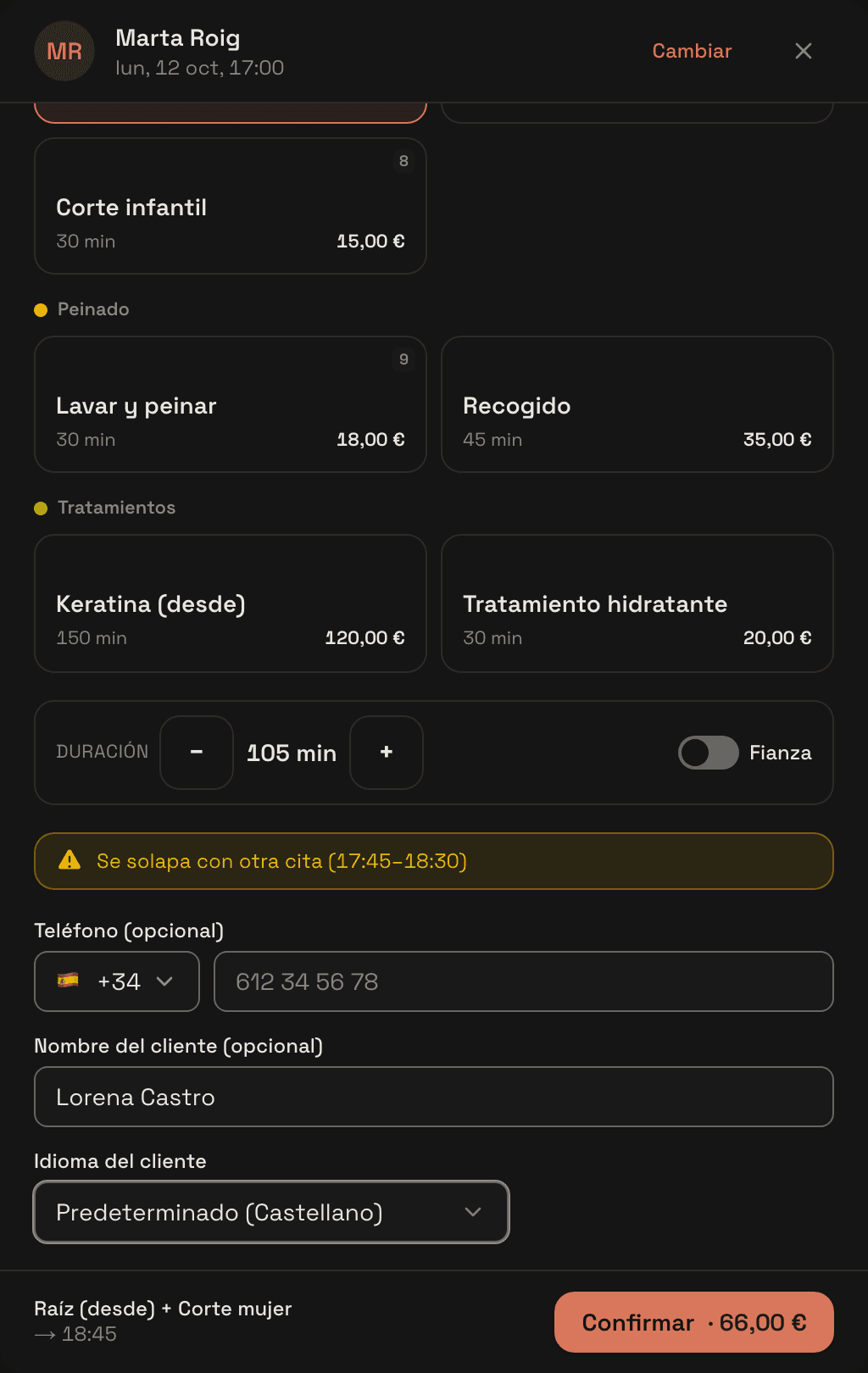 «Nueva entrada» con el corte de caballero elegido y la hora puesta sobre el hueco libre que queda antes de la raíz.