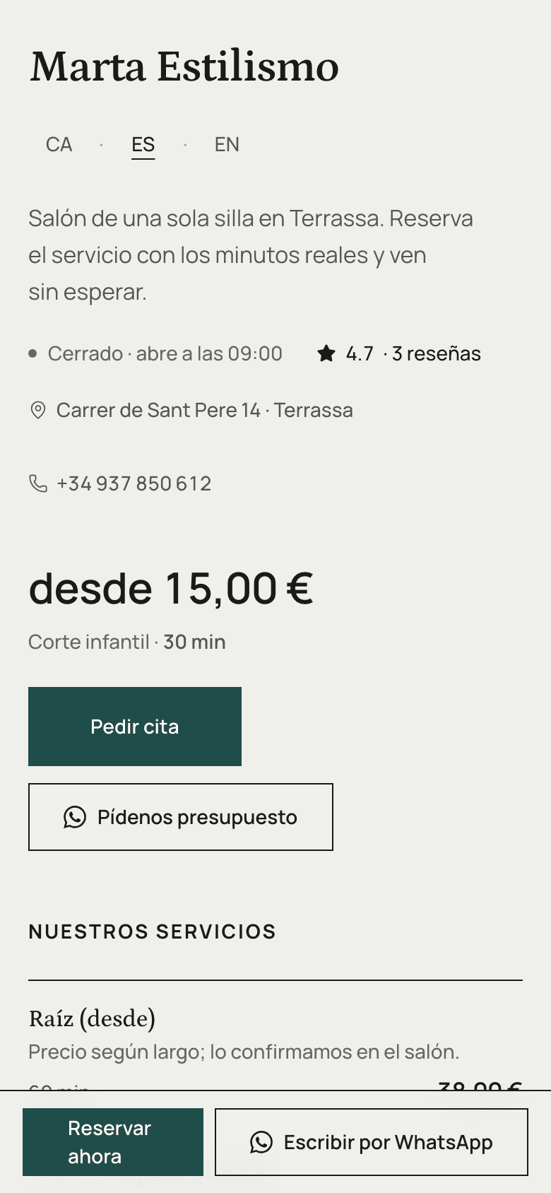 La carta pública del salón, agrupada en Color, Corte y Peinado, con el balayage en tres líneas por largo y su precio en cada una.