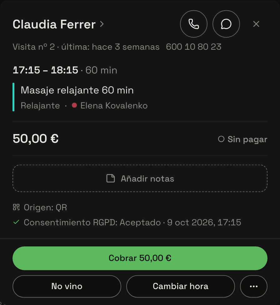La ficha de la cita: el servicio con sus minutos, el teléfono del cliente y, arriba, la marca de que la sesión ya está pagada por la web.