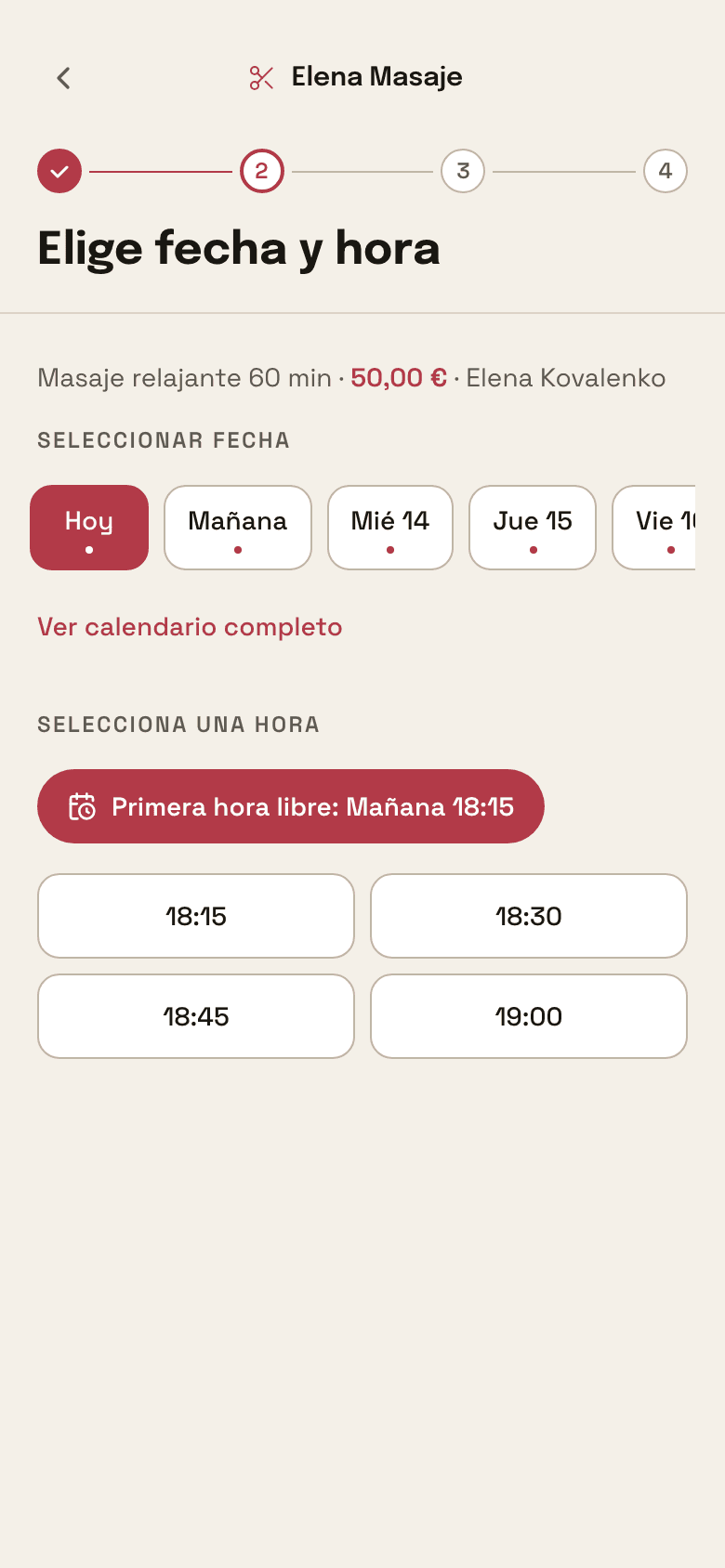Las horas que la web ofrece para una sesión de sesenta minutos: ya descuentan la sesión anterior y su margen, así que no aparece ninguna que pise otra.