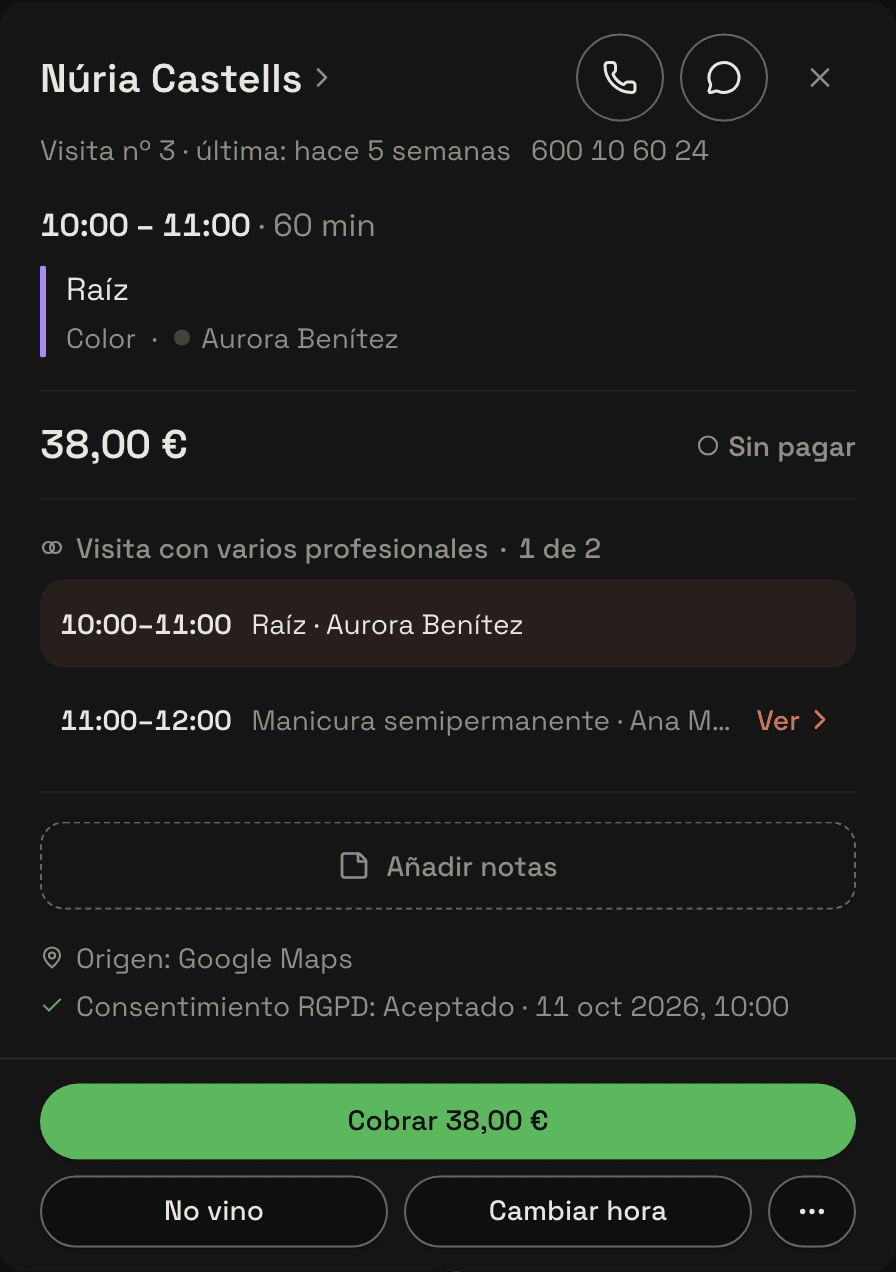 La ficha de una visita de dos paradas, vista como una sola tarjeta: las dos profesionales, la señal sumada y el botón de cancelar la visita entera.
