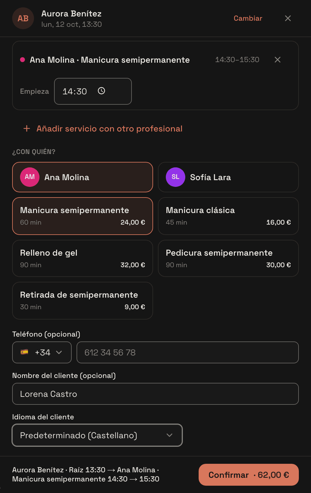«Nueva entrada» con el corte de Sonia arriba y, debajo, la segunda parada añadida con «+ Añadir servicio con otro profesional»: manicura con Ana a las 13:00.