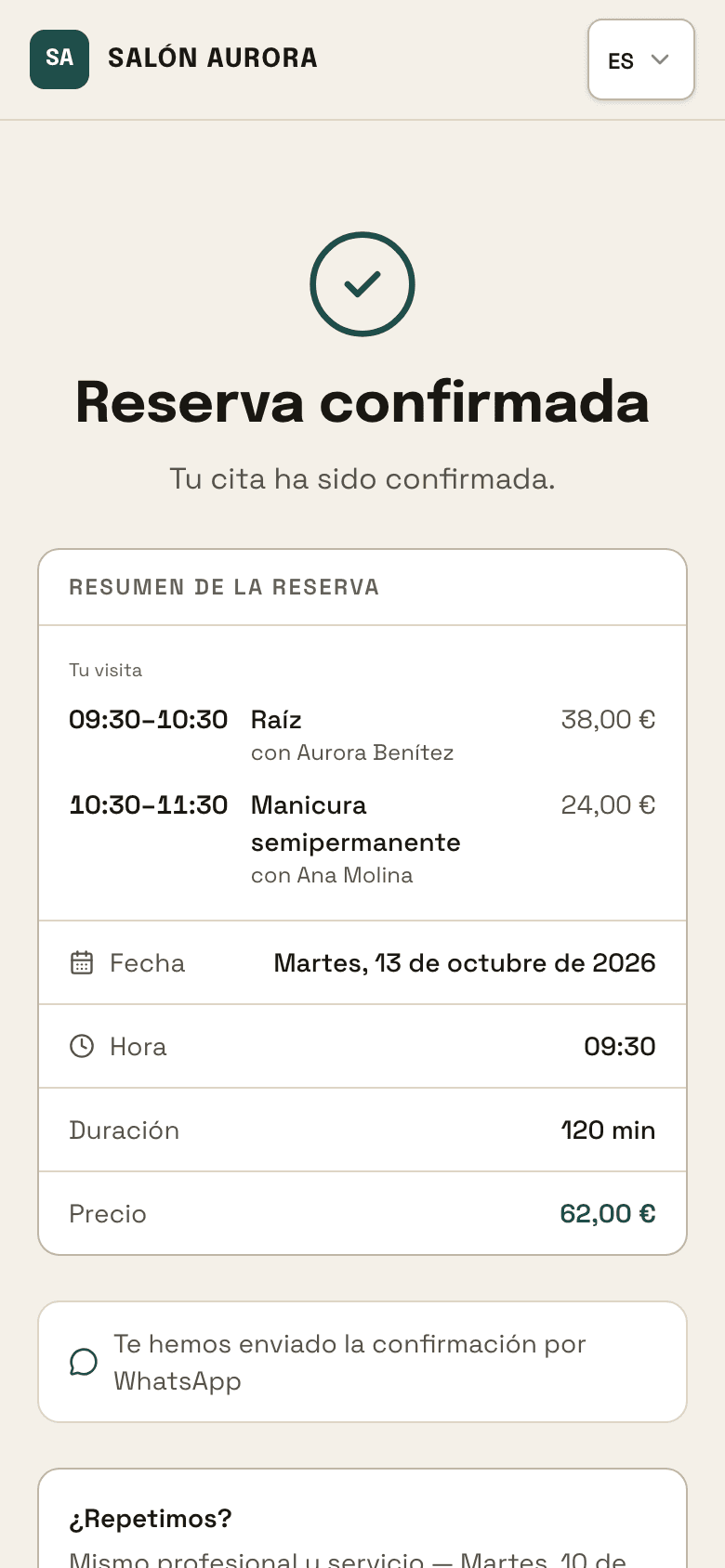 La pantalla de cita hecha: las dos paradas una debajo de otra y el aviso de que llega una sola confirmación por WhatsApp.