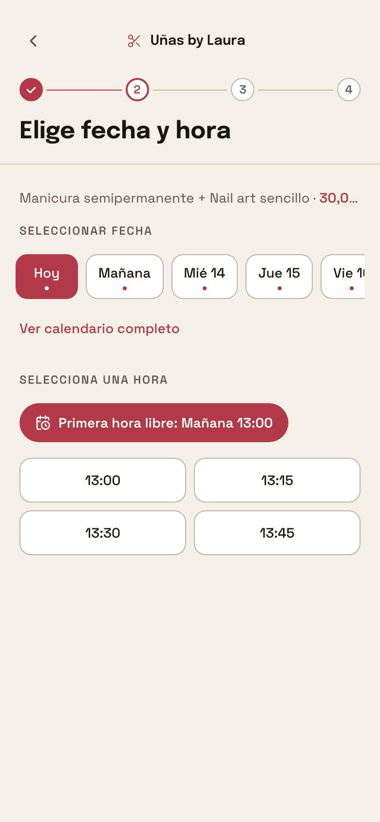 El paso de la hora: el calendario de la semana y solo los huecos libres del sábado como chips; las diez ya no aparece.