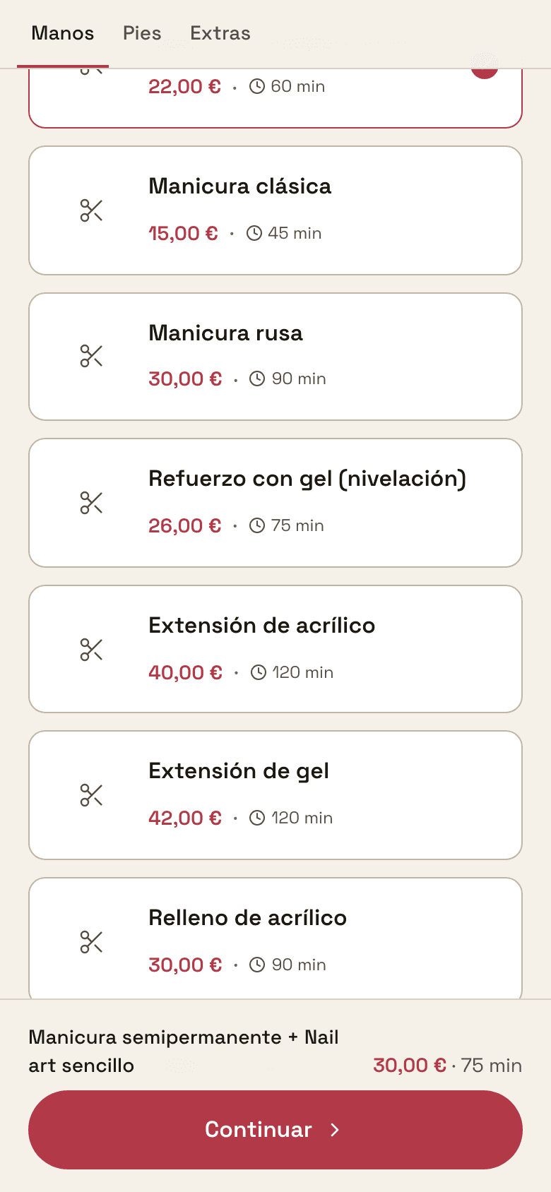 La carta tal como la ve la clienta: cada servicio con su precio y sus minutos, y la retirada marcada junto al relleno.