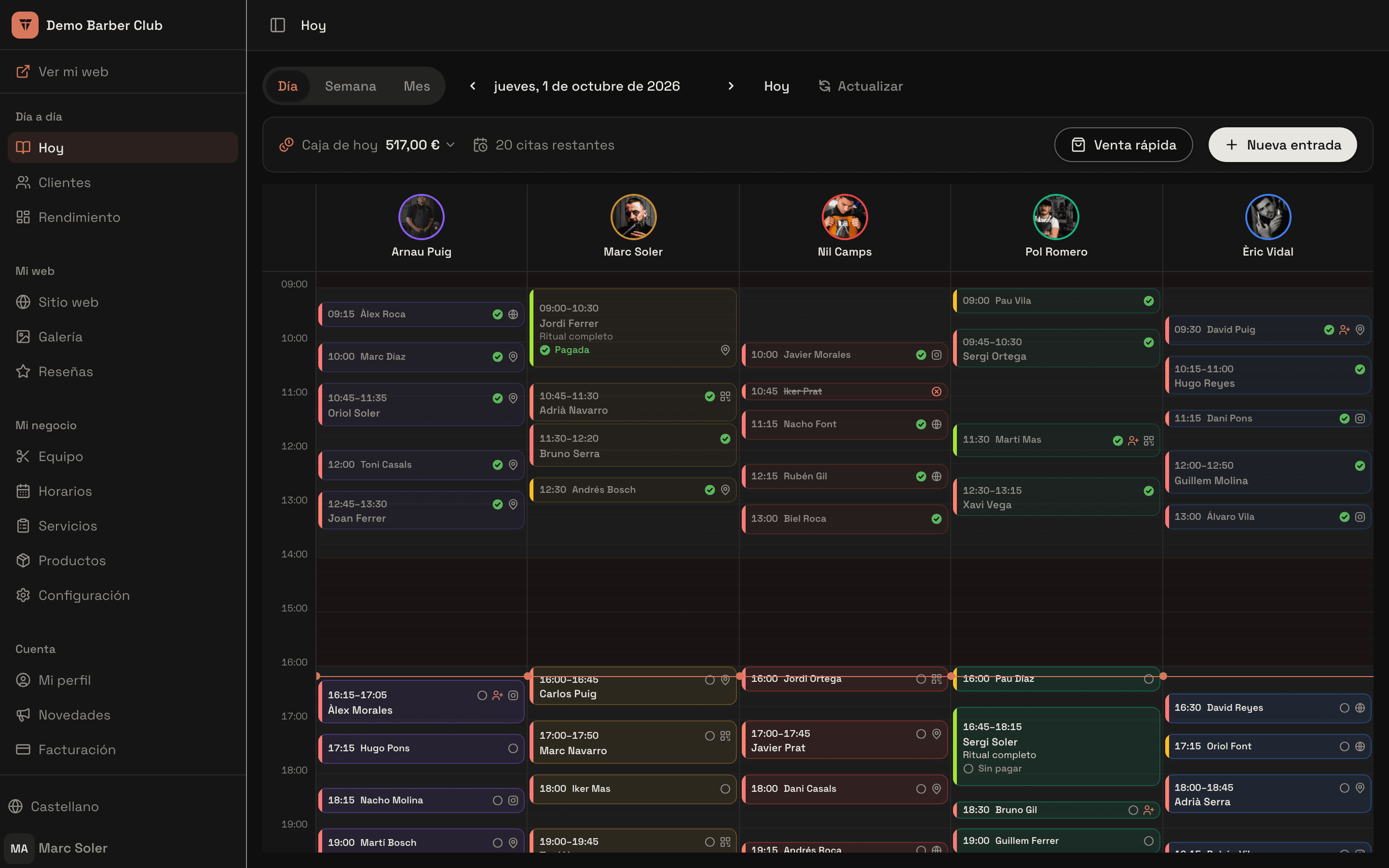 Agenda del día en el panel de trimly: citas de todo el equipo, caja del día y citas restantes