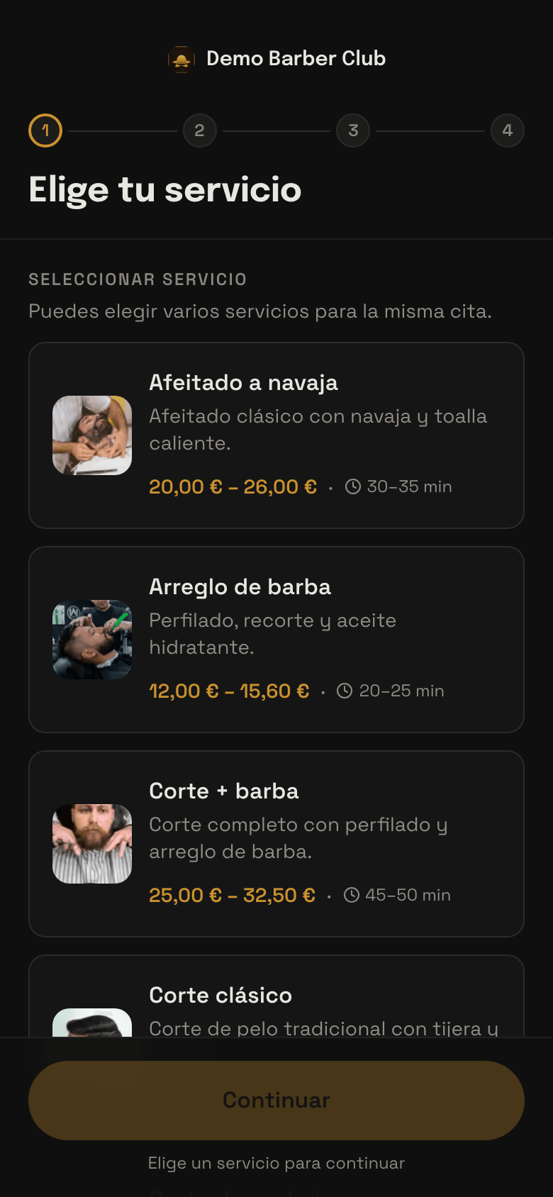 Pantalla de reserva de un negocio de ejemplo en trimly